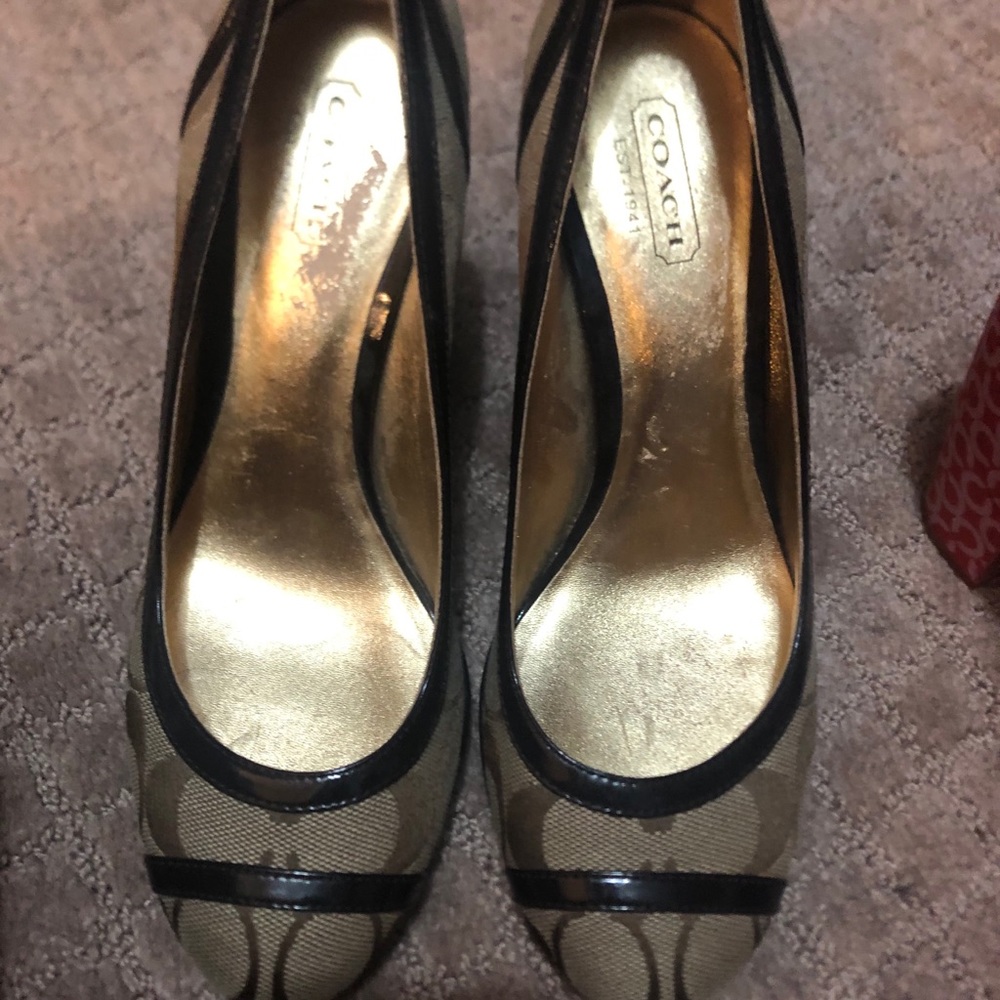 Gold and tan wedge heels